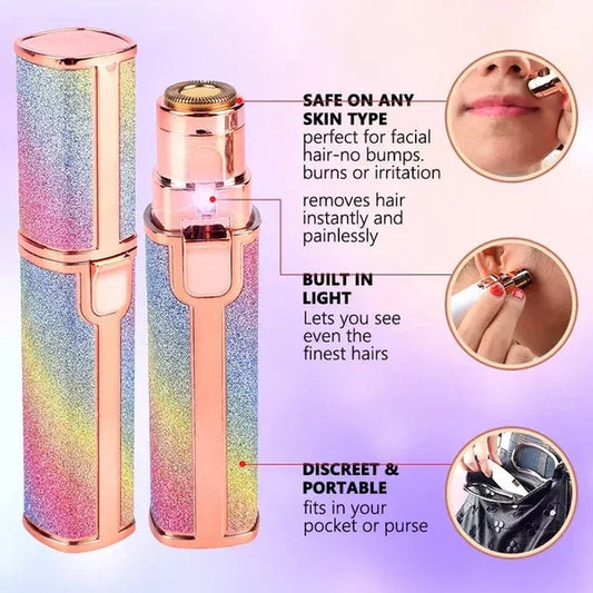 Rainbow glitter facial hair remover for women, portable design, features built-in light